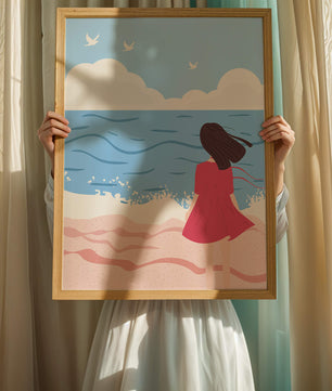 Serene seaside illustration with a girl in a pink dress gazing at the ocean