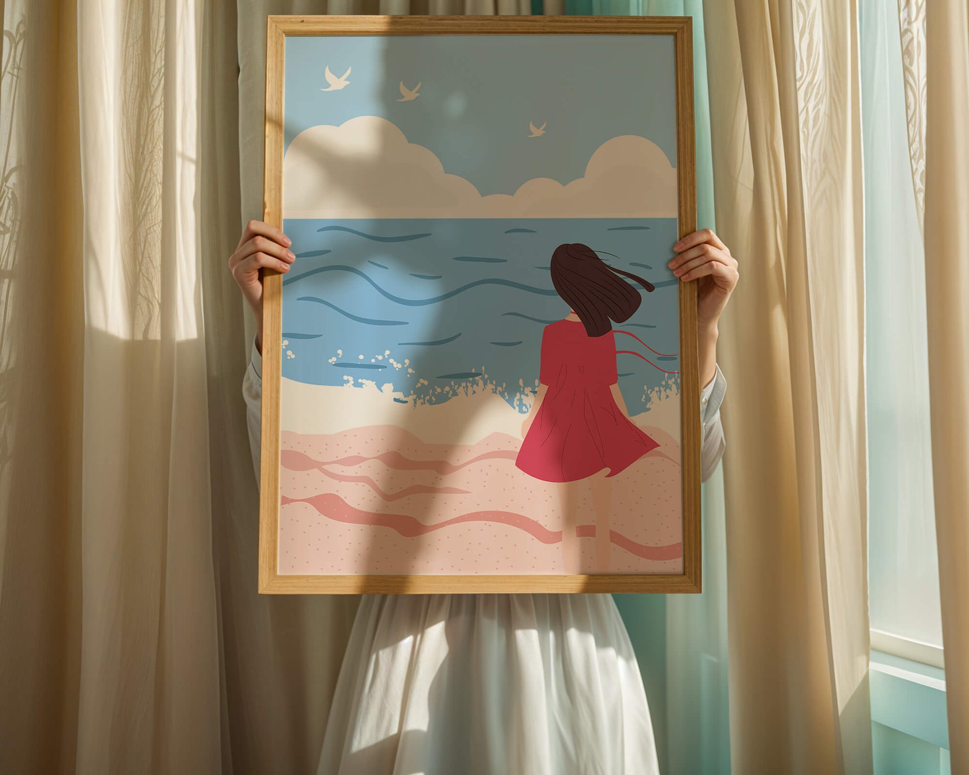 Serene seaside illustration with a girl in a pink dress gazing at the ocean