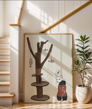 Illustration of a cat tree with a thoughtful cat in a sweater