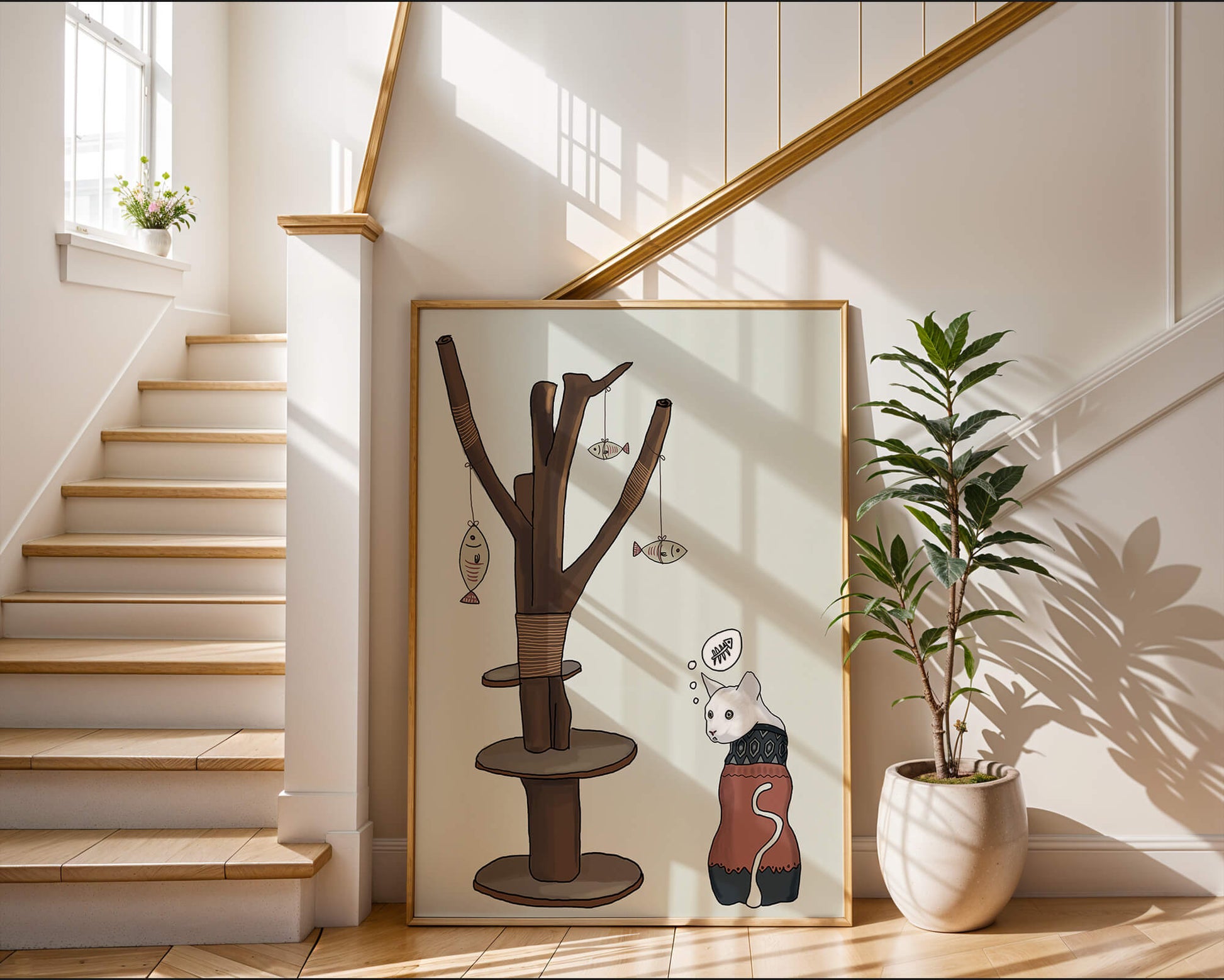 Illustration of a cat tree with a thoughtful cat in a sweater