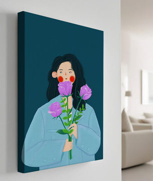 Illustration of a woman with purple flowers on a teal background