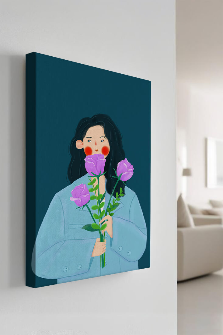 Illustration of a woman with purple flowers on a teal background