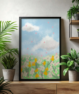 Paysage printanier avec nuages et fleurs