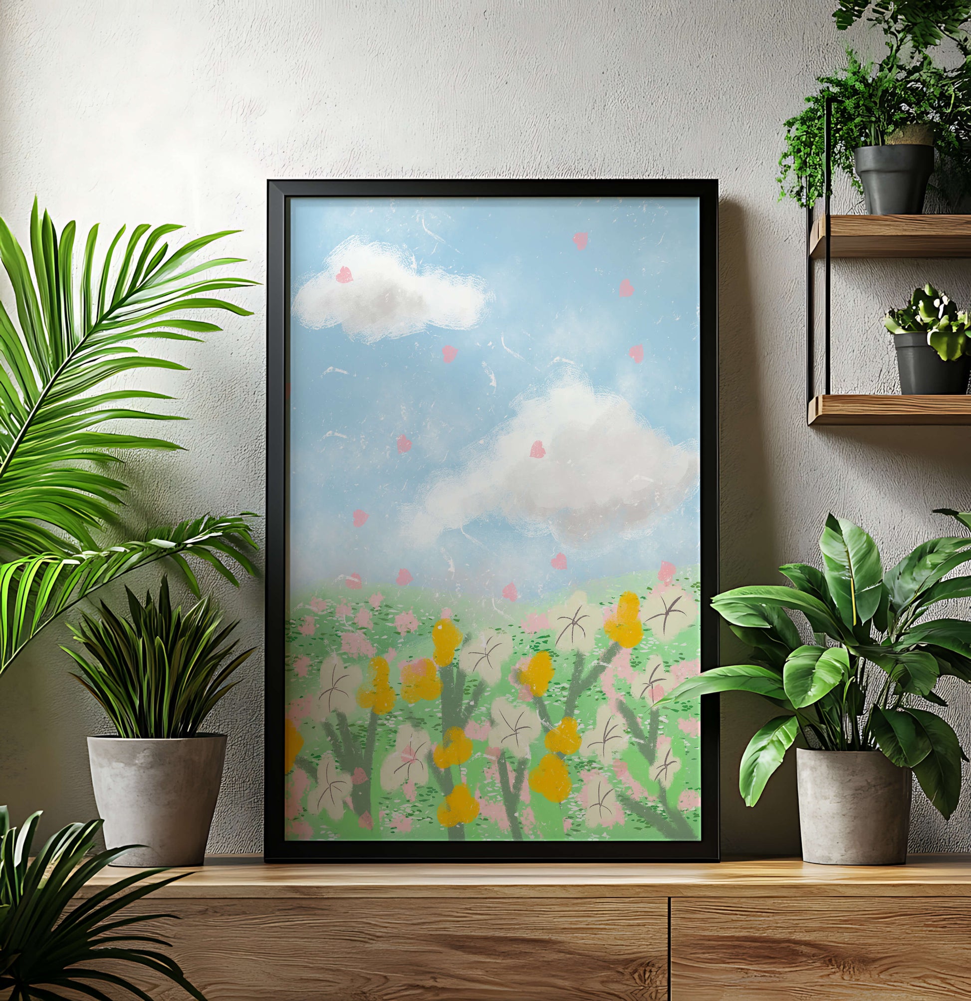 Paysage printanier avec nuages et fleurs