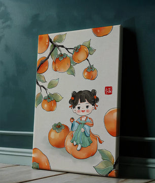 Illustration of a girl sitting on a persimmon surrounded by fruit and leaves