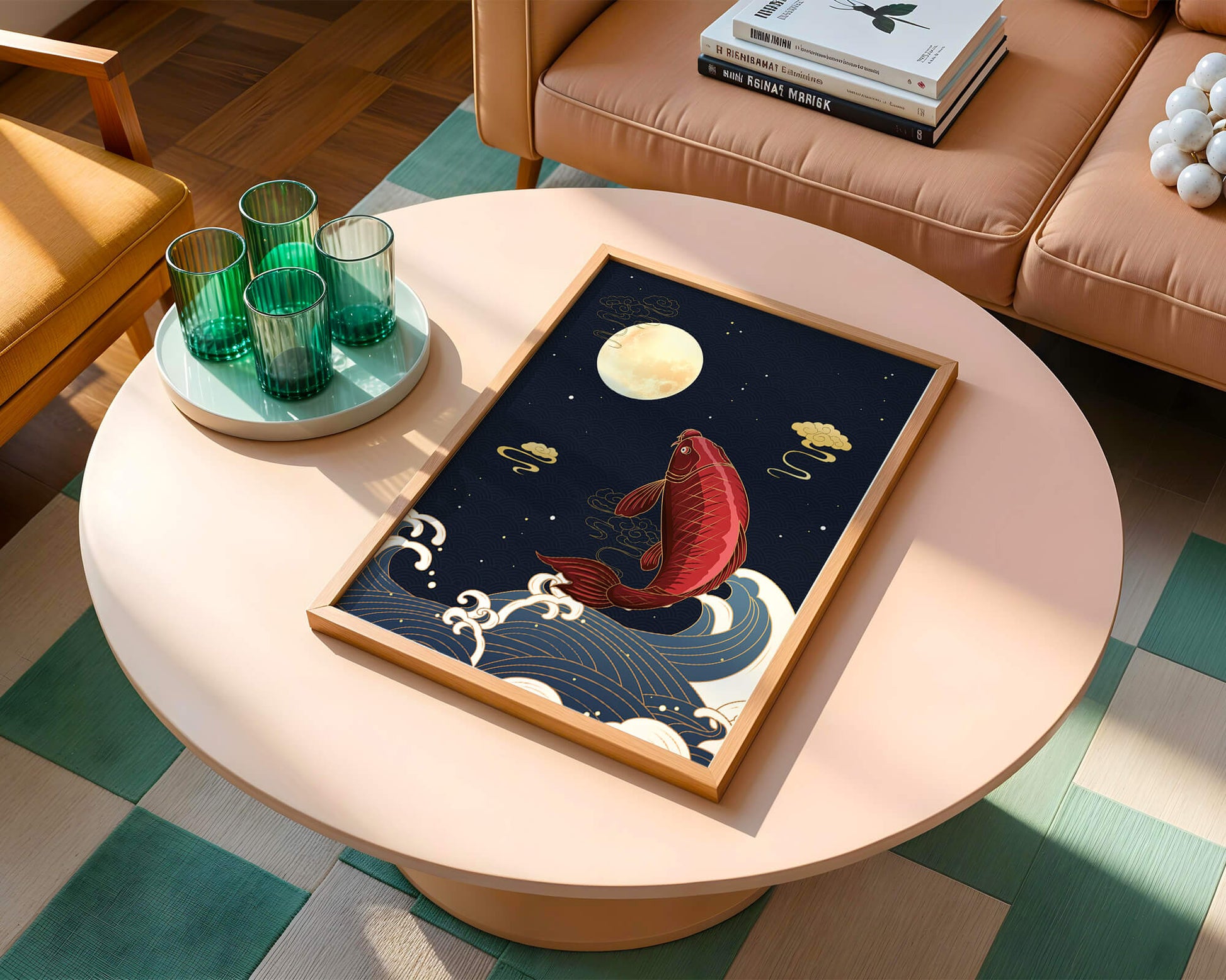 Artistic illustration of koi fish jumping over waves under moonlight