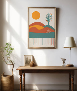 Abstract landscape with bicycle and tree in vibrant colors