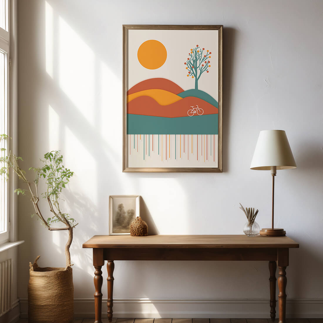Abstract landscape with bicycle and tree in vibrant colors