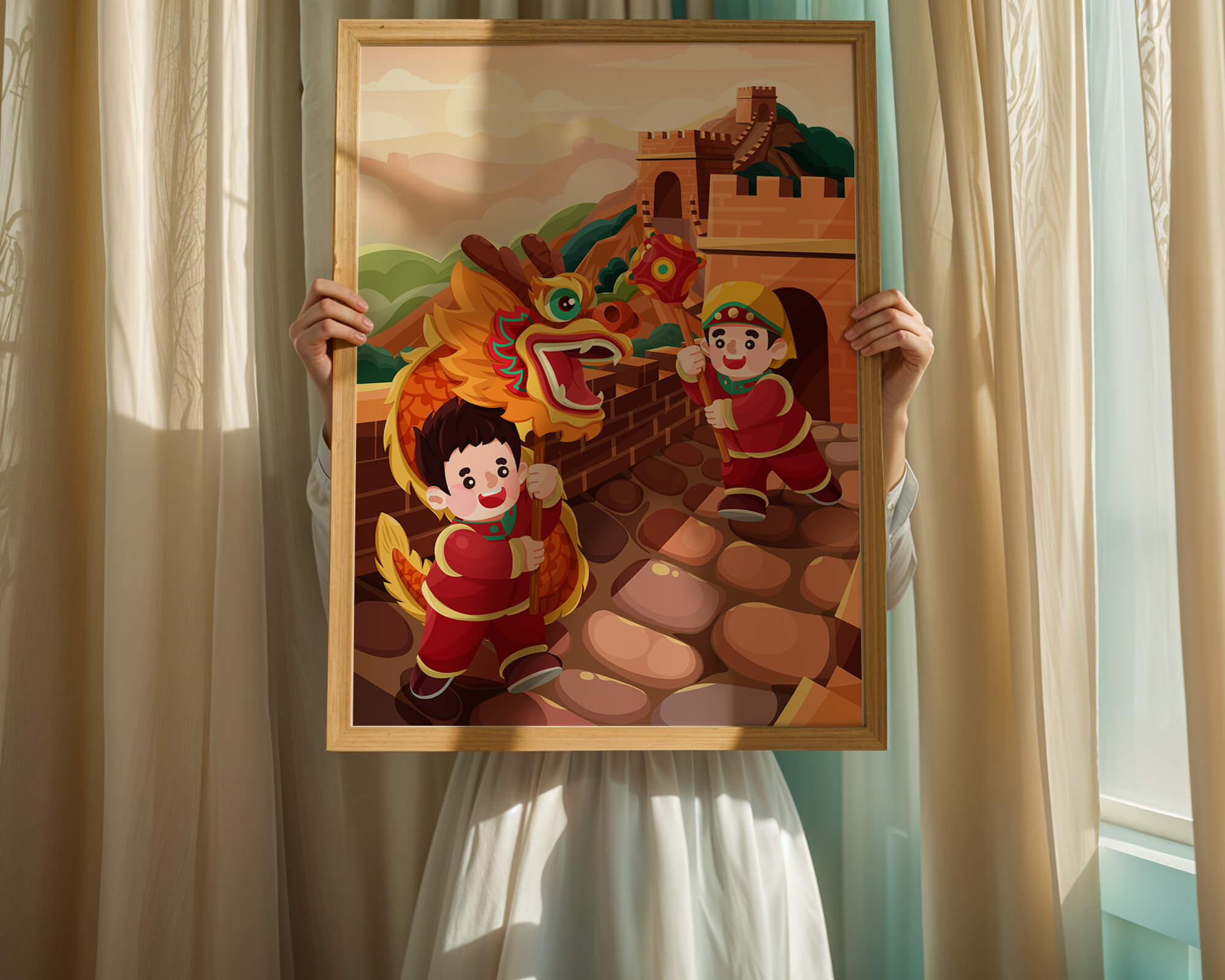 Children celebrating with dragon dance at the Great Wall