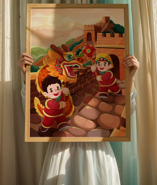 Children celebrating with dragon dance at the Great Wall