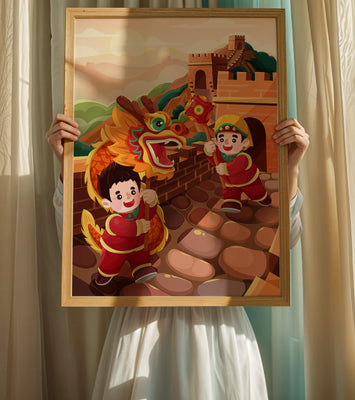 Children celebrating with dragon dance at the Great Wall