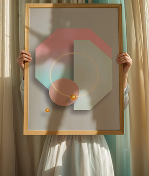 An abstract geometric art piece with pastel tones and golden accents