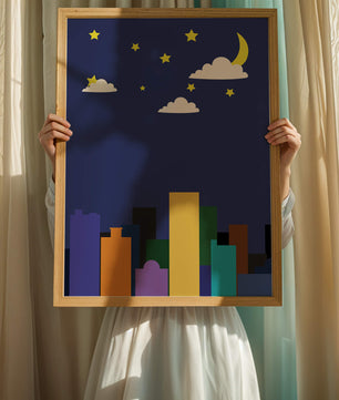 Night cityscape with colorful buildings and starry sky