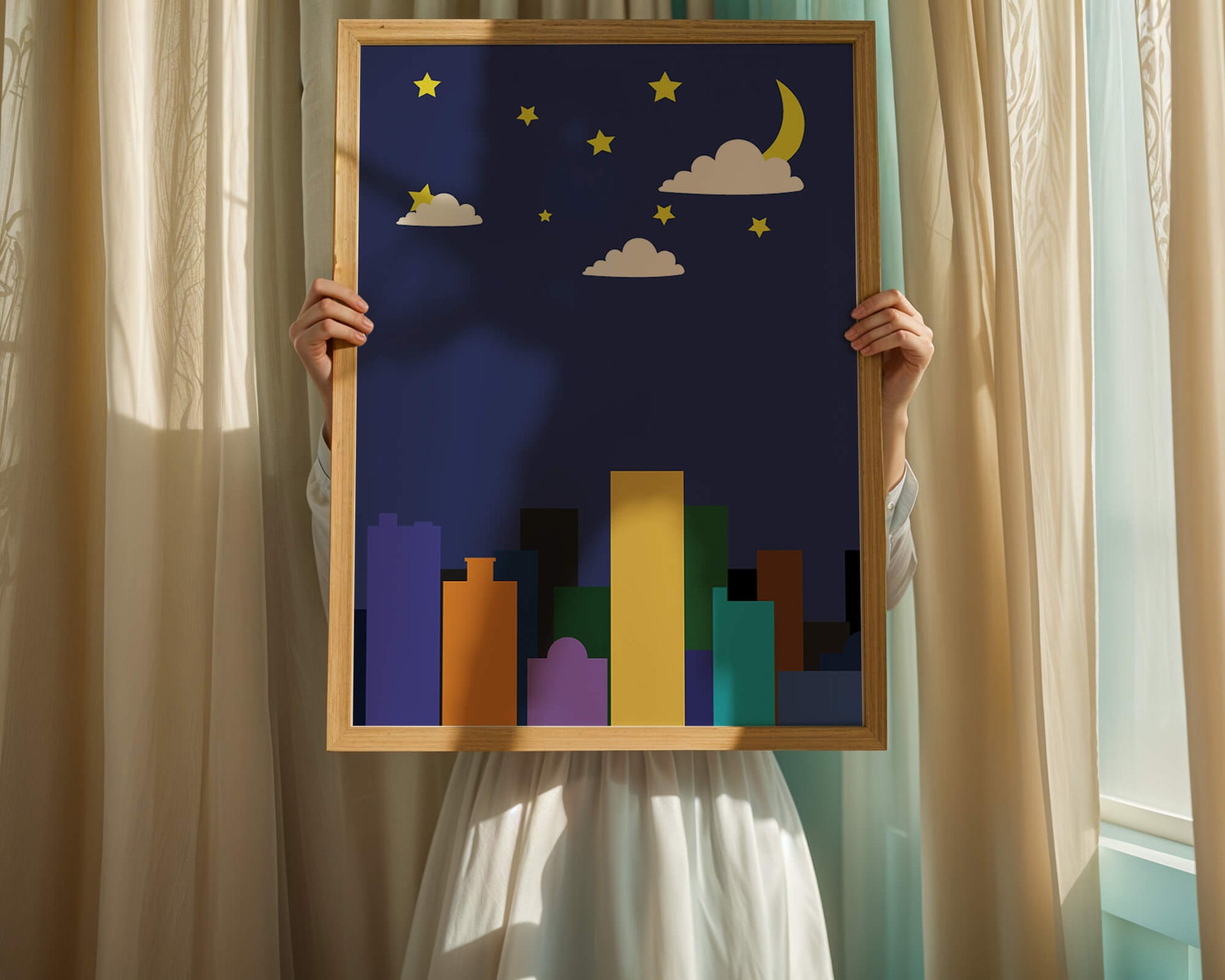 Night cityscape with colorful buildings and starry sky