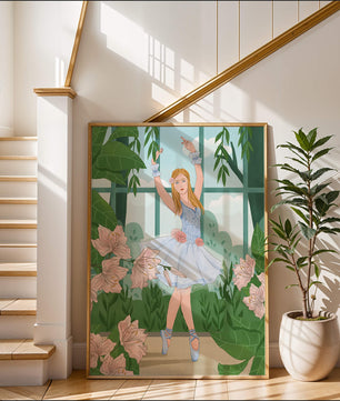 Elegant ballet dancer in a floral and botanical setting
