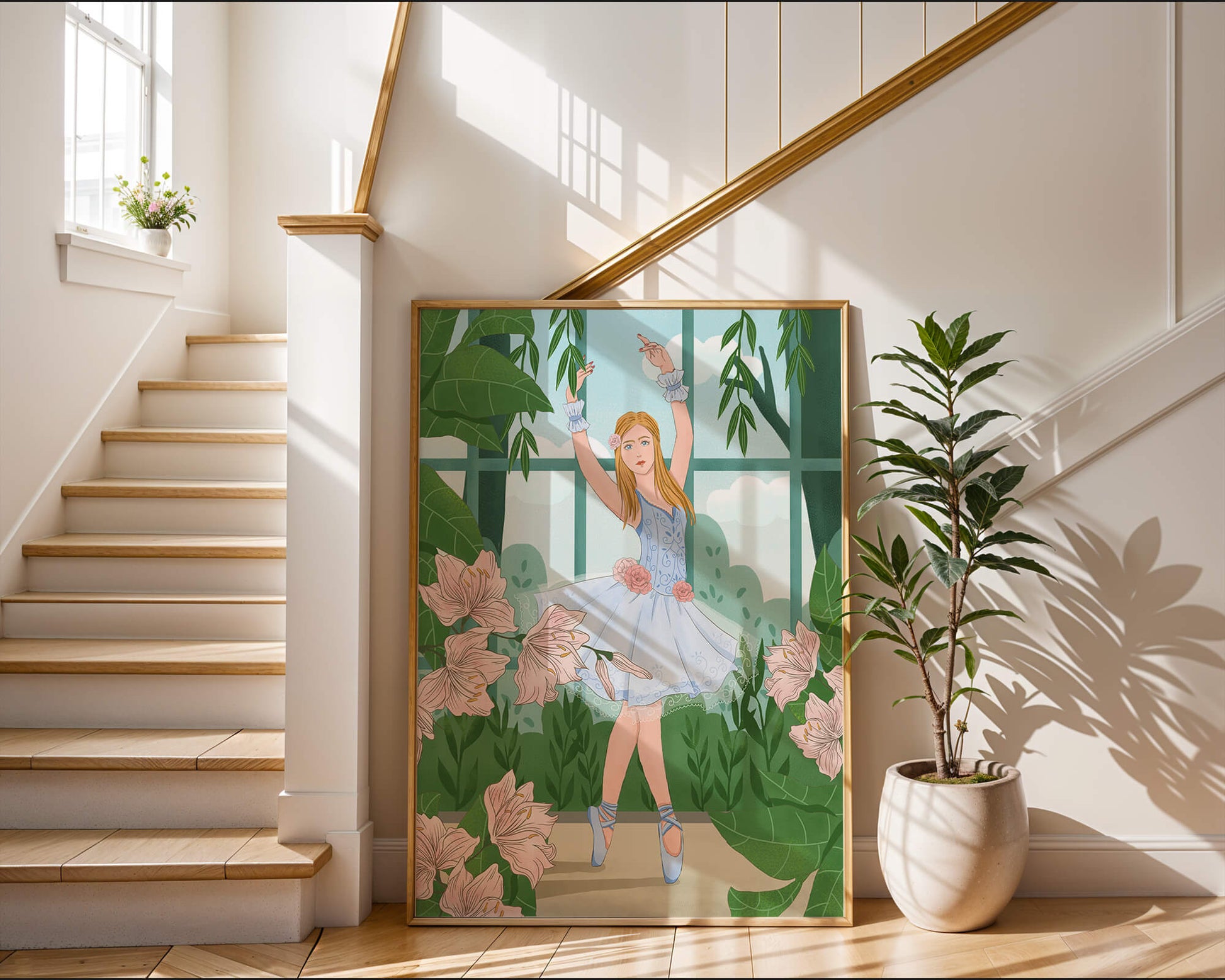 Elegant ballet dancer in a floral and botanical setting