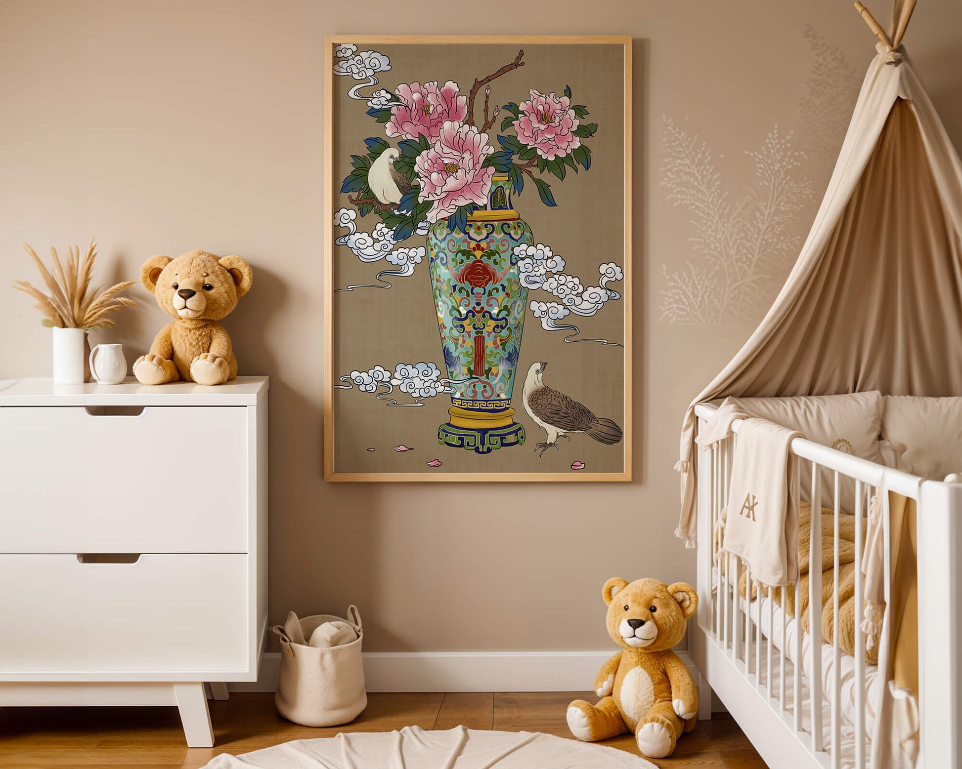 Elegant Asian Style Vase with Peonies and Birds