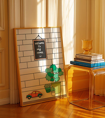 Chalkboard welcome sign with potted plants and a toy car
