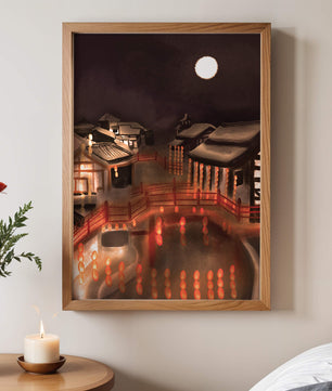 Traditional Japanese village at night with lanterns and full moon