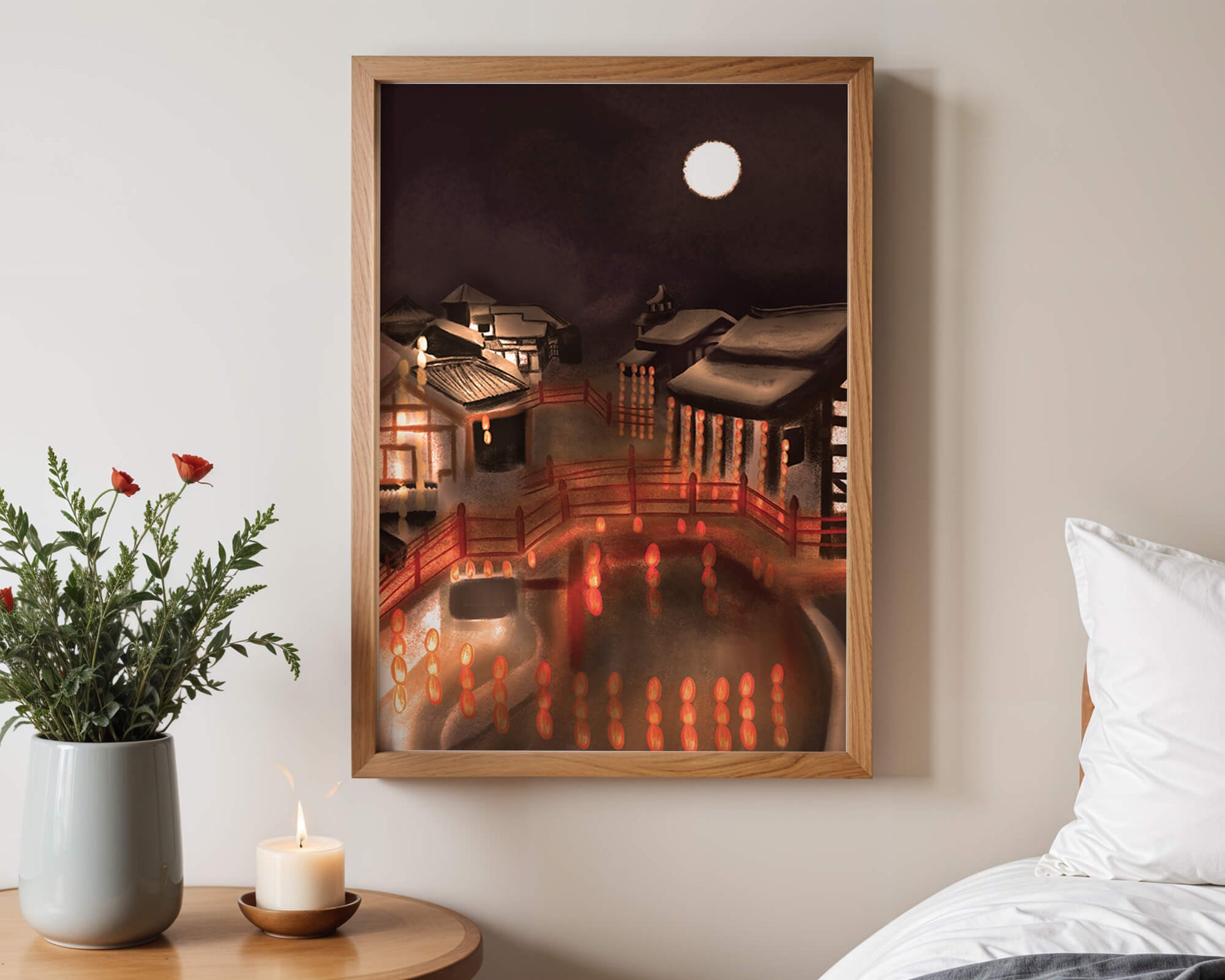 Traditional Japanese village at night with lanterns and full moon