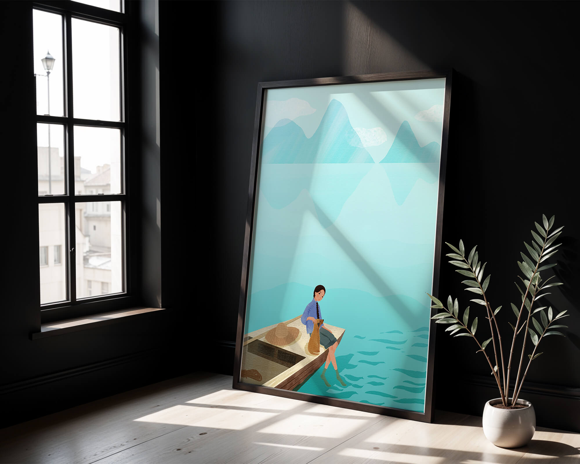 Serene scene with woman and dog on a boat by tranquil waters