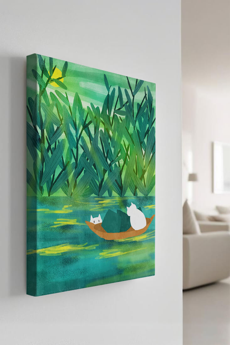 Serene landscape with cats on a boat in lush greenery
