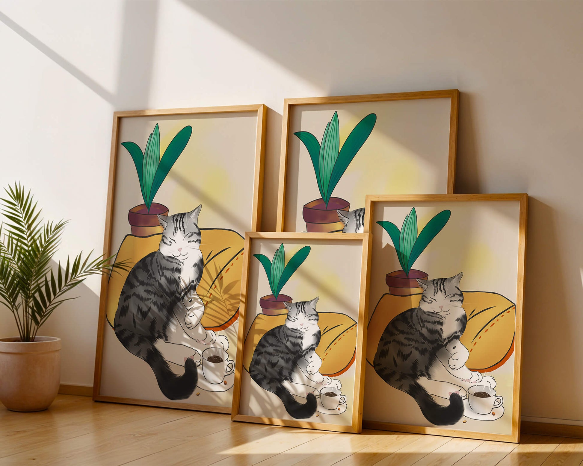 Entspannte Katze mit Kaffee und Pflanze auf gemütlichem Kissen
