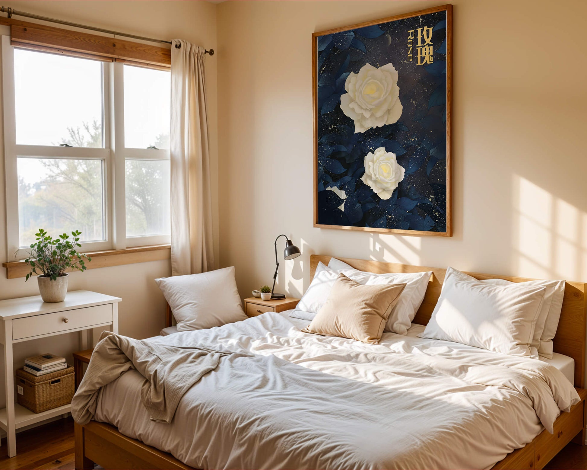 Elegant white roses on a celestial night background with deep blue leaves