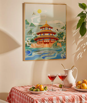 Alter chinesischer Pavillon am Wasser mit Kranichen und Bergen