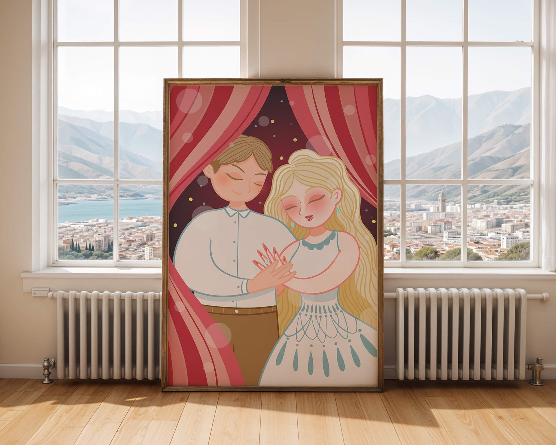Romantic couple under red curtains with gentle embrace