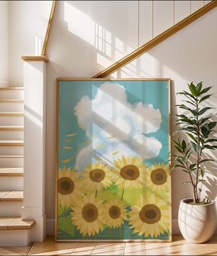 Sonnenblumen in einer hellen Wiese mit blauem Himmel und Wolken