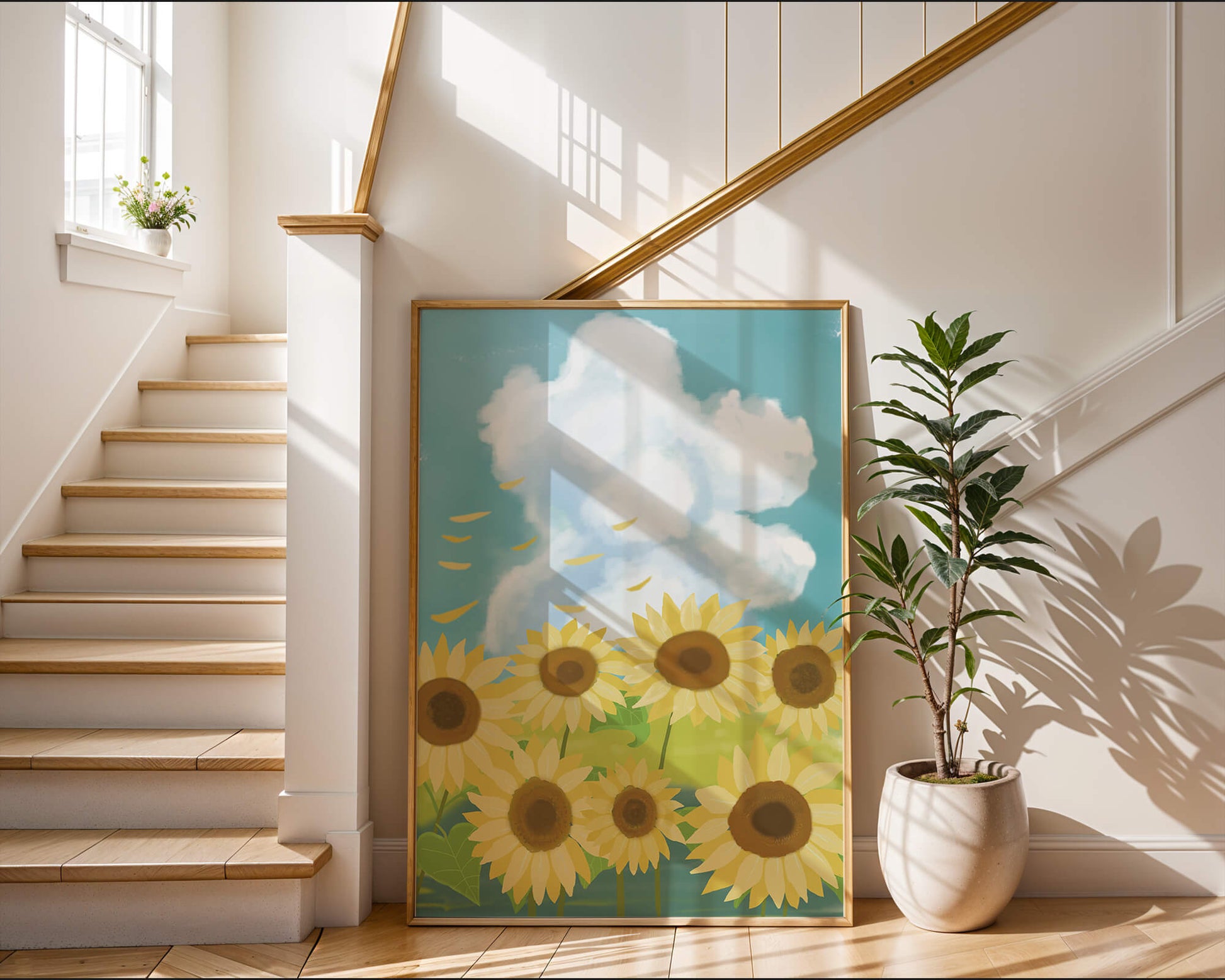 Girasoles en un prado brillante con cielo azul y nubes