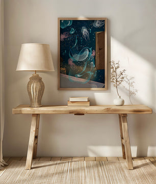 Tema de cuarto submarino con medusas y una puerta