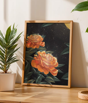 Fantasía floral elegante con flores naranjas vibrantes y un brillo dorado