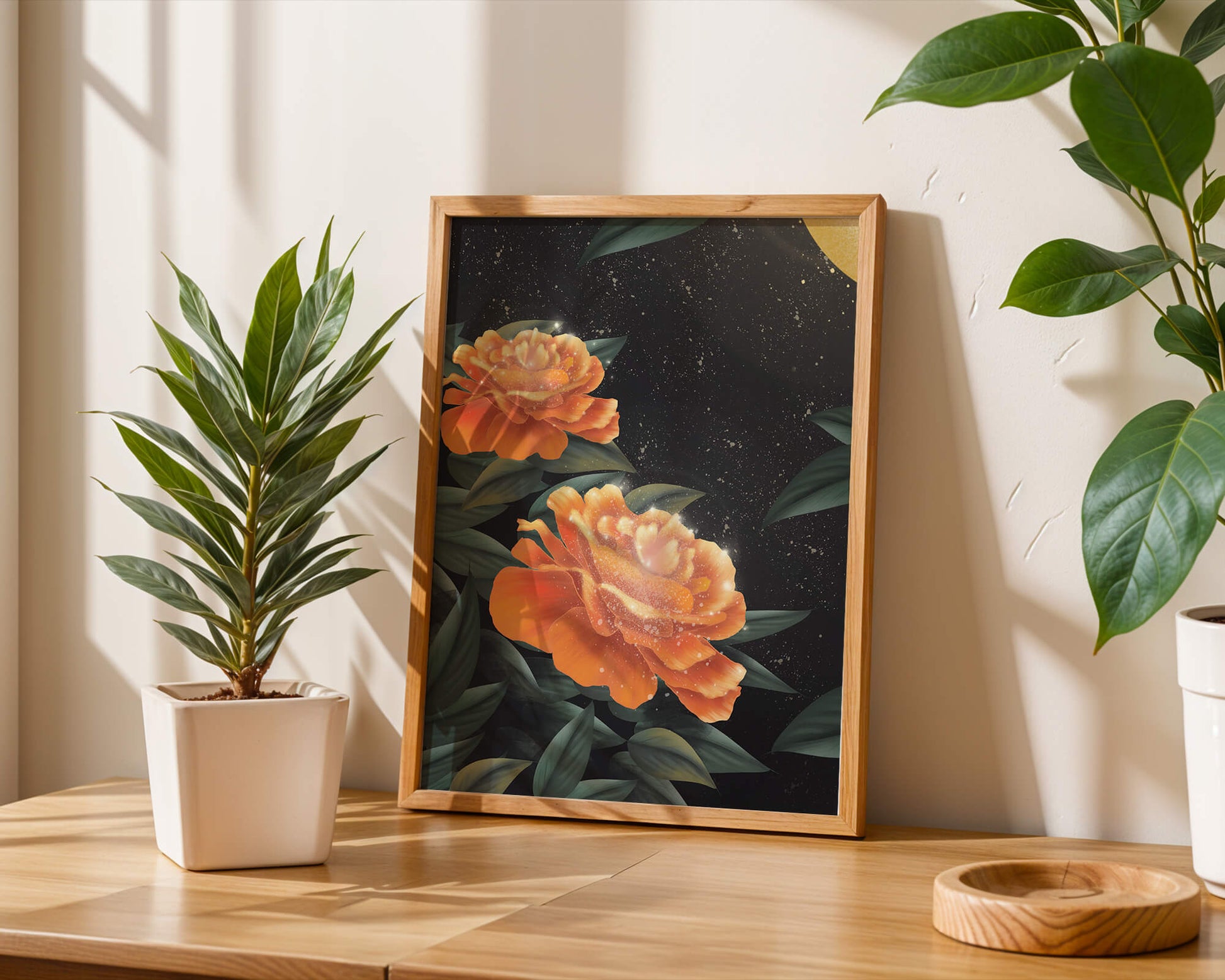 Fantasía floral elegante con flores naranjas vibrantes y un brillo dorado