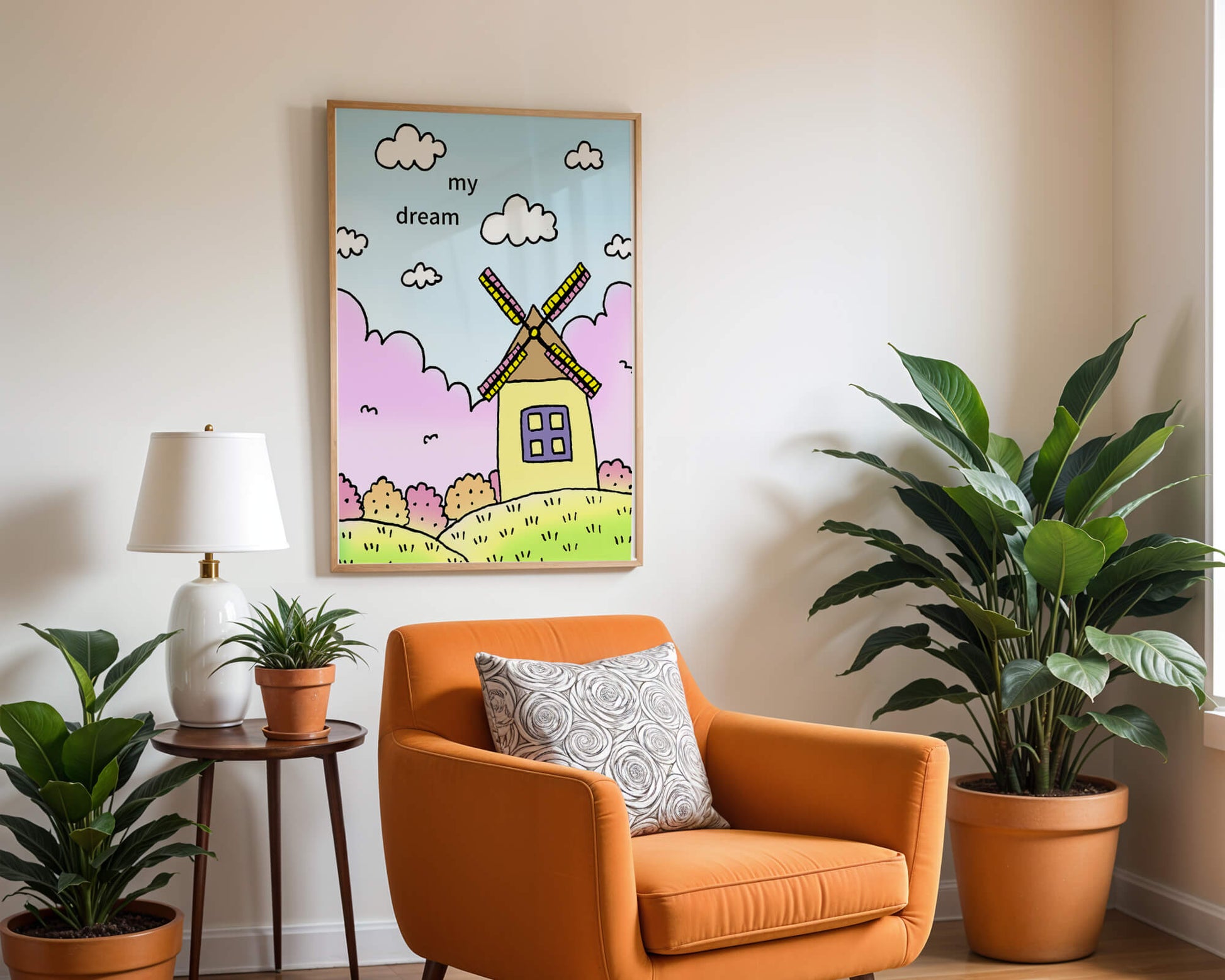 Windmill in a pastel landscape with fluffy clouds and bushes
