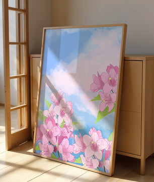 Ilustración de flores rosadas contra un cielo azul vibrante con nubes