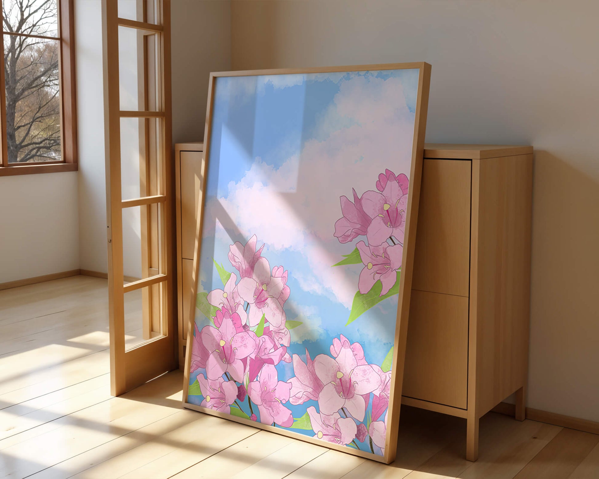 Ilustración de flores rosadas contra un cielo azul vibrante con nubes