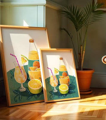 Colorful illustration of citrus drinks with bottle and glass