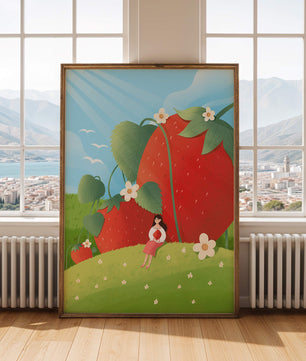 Paysage serein avec d'énormes fraises et une femme dans une prairie en fleurs