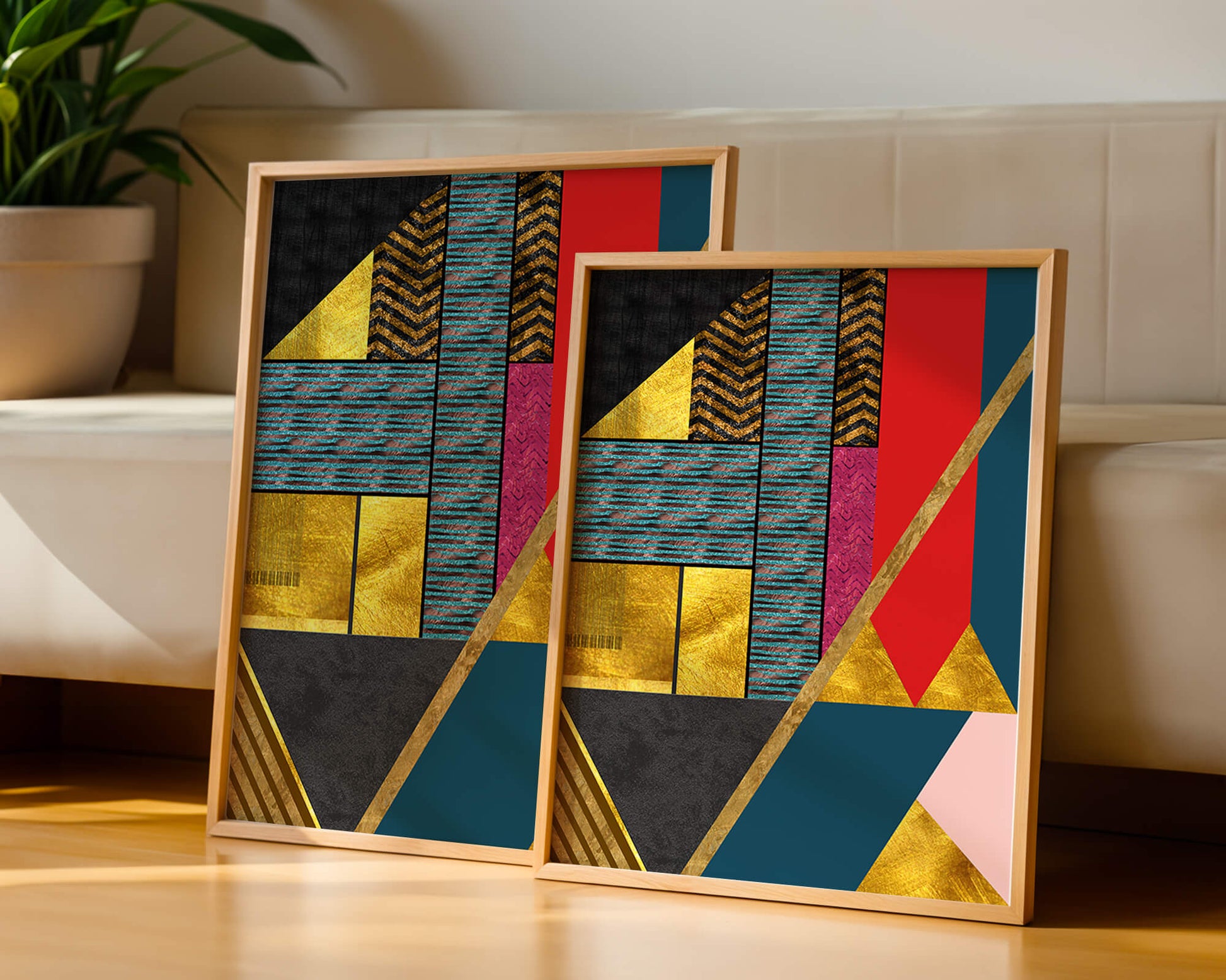 Geometric abstract art with bold colors and golden accents