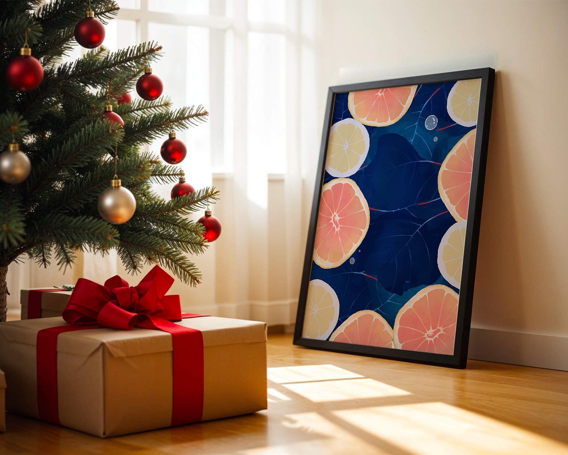 Frutas cítricas coloridas sobre fondo oscuro de hojas