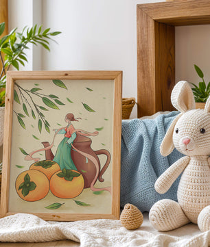 Whimsical scene with a woman in traditional attire among persimmons and leaves