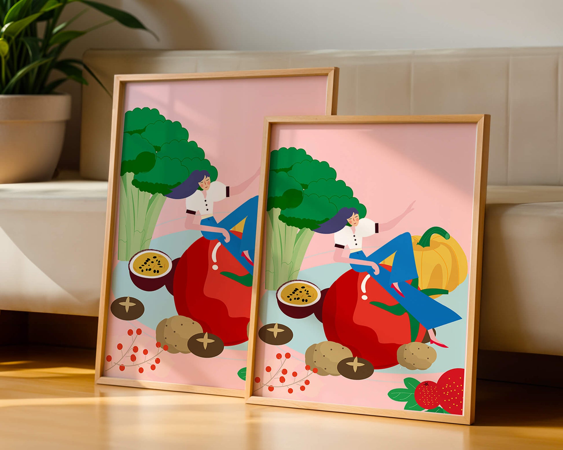 Ilustración de una mujer rodeada de verduras y frutas vibrantes.