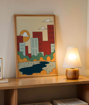 Cityscape At Sunset With Park And Lake