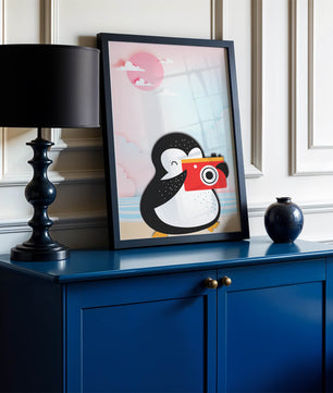 Whimsical penguin illustration with a camera on a pastel beach