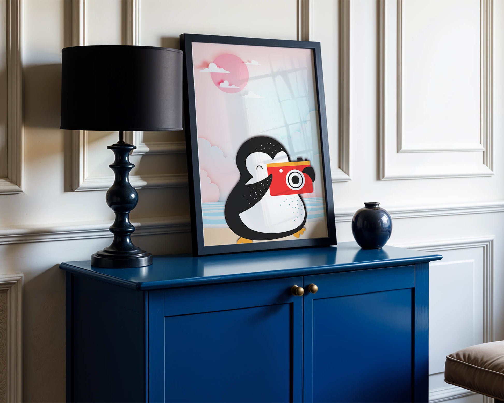 Whimsical penguin illustration with a camera on a pastel beach