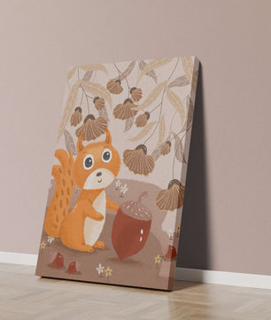 Orange Squirrel with Acorn in Autumn Forest
