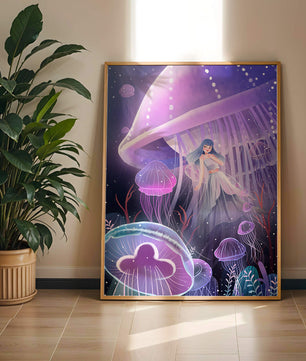Underwater Fantasy Scene with Jellyfish and Girl