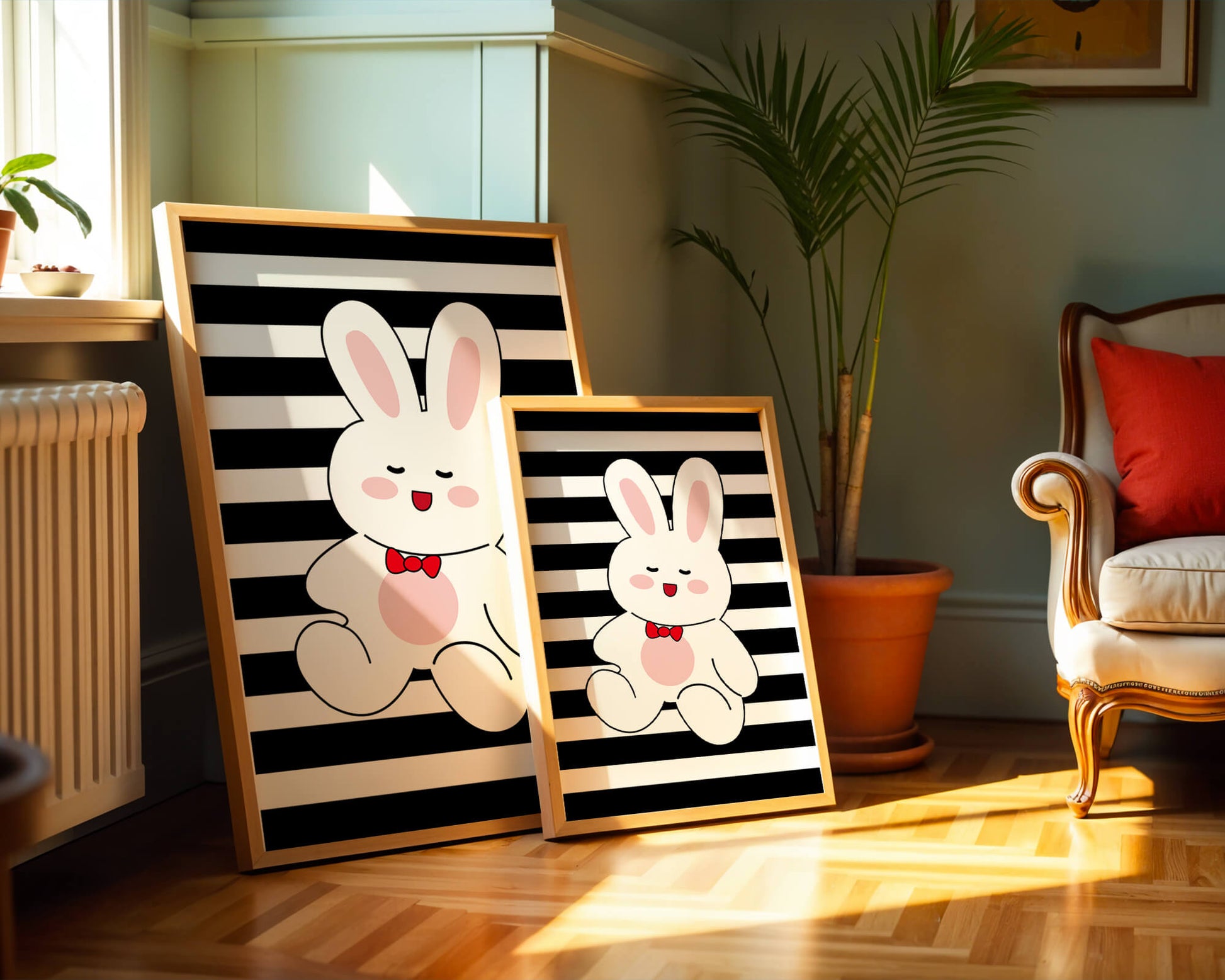 Adorable cartoon bunny with bold stripes and a red bow tie